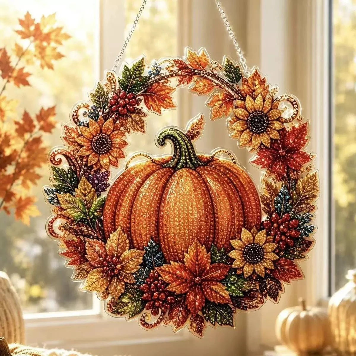 🍂 Autumnal pumpkin wreath with a diamond pattern to hang up – Complete DIY kit